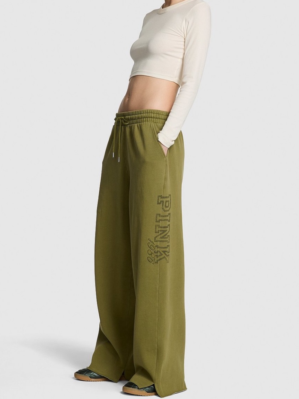 PINK Victoria's Secret Olive Green Wide-Leg Logo Sweatpants